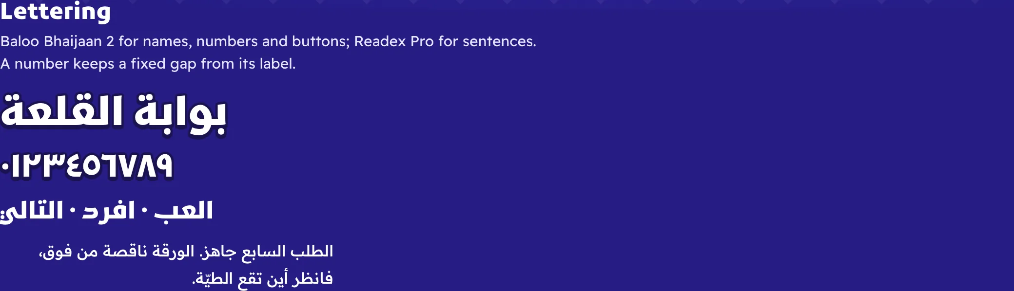 Lettering: names, numbers and buttons in Baloo Bhaijaan 2, sentences in Readex Pro.